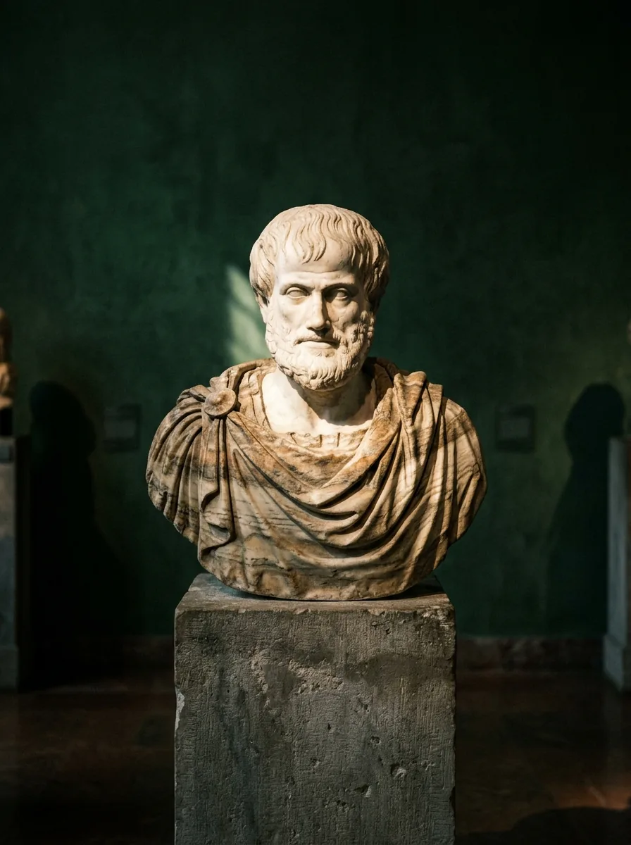 A classical marble bust lit by a single beam in a dark gallery