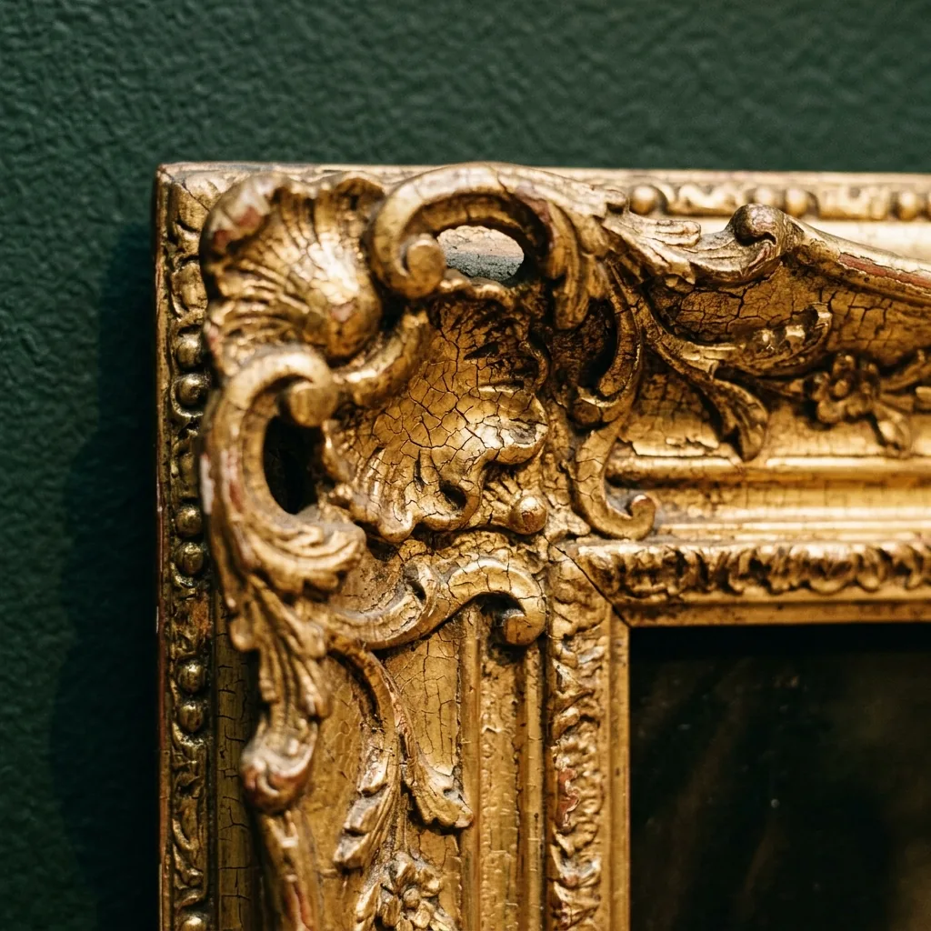 Carved corner of a gilded frame against a green gallery wall