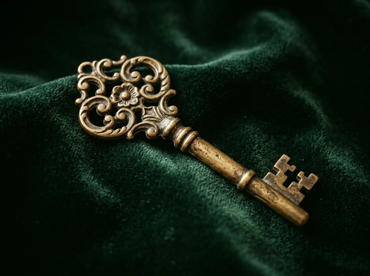 An antique brass key resting on deep green velvet