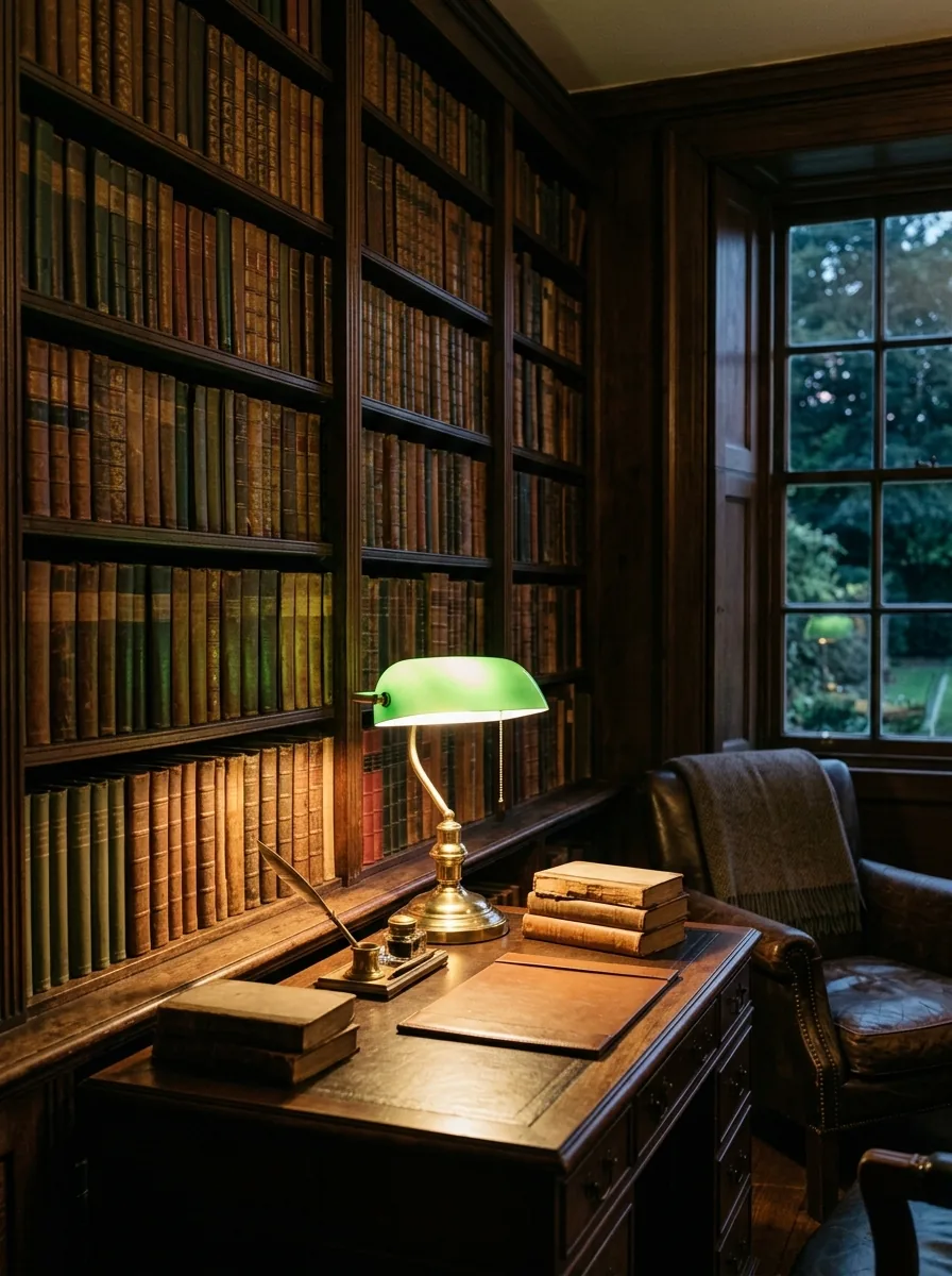 A private library at dusk, lamplight on leather-bound volumes