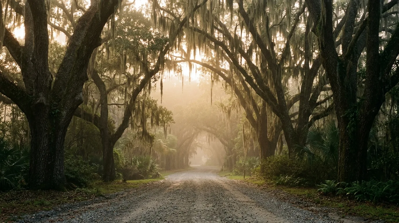 A misty avenue of live oaks with hanging moss at dawn